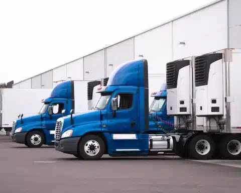 Semi Trucks Sitting at Warehouse Loading Dock - Truck and Warehouse Jobs
