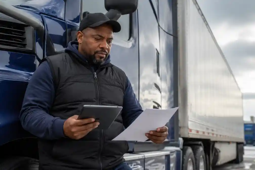 Truck driver leaning against a blue semi-truck, holding a tablet in one hand and a sheet of paper in the other, wearing a black vest and cap.