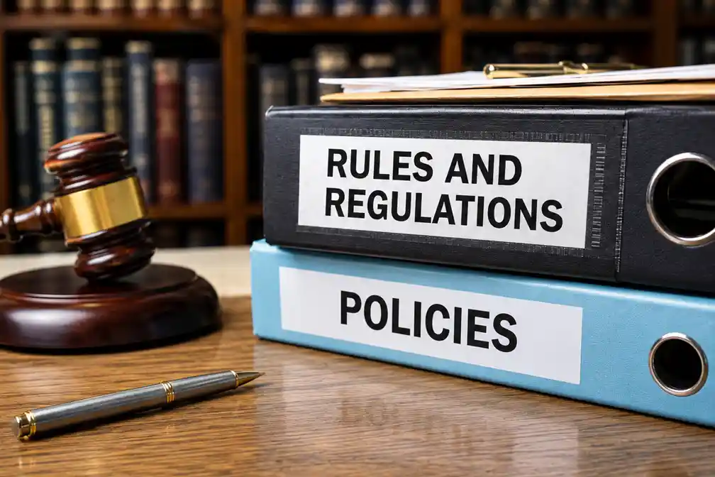 Gavel and two binders labeled'Rules and Regulations' and 'Policies' on a wooden desk with a pen nearby.